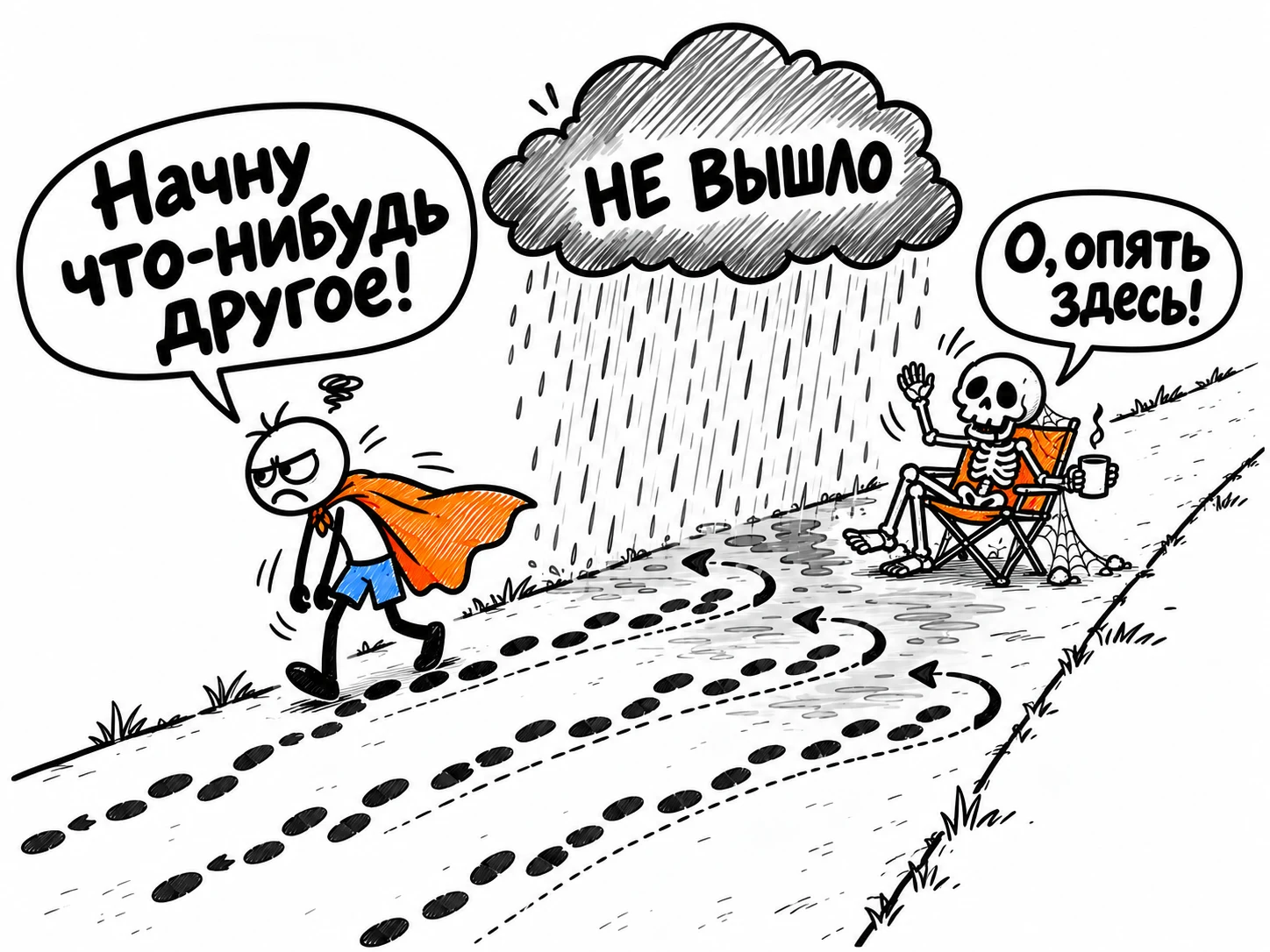 Супергерой снова разворачивается под тучей «Не вышло». Скелет узнаёт его: «О, опять здесь!»