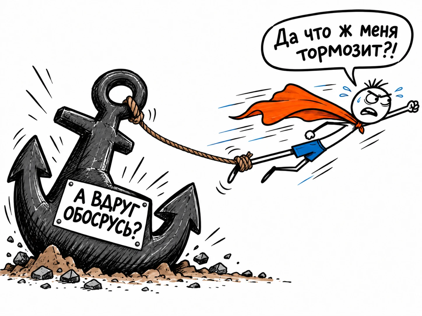 Супергерой пытается лететь, но его держит якорь «А вдруг обосрусь?». Он спрашивает: «Да что ж меня тормозит?!»